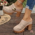 thumbnail image 7 of Rokment Women's Platform Chunky Block High Heels Clogs and Mules Spring Summer Fashion Metallic Buckles Leather Hollow out Closed Toe Lug Sole Heeled Backless Dress Slides Sandals Beige Size 9, 7 of 7