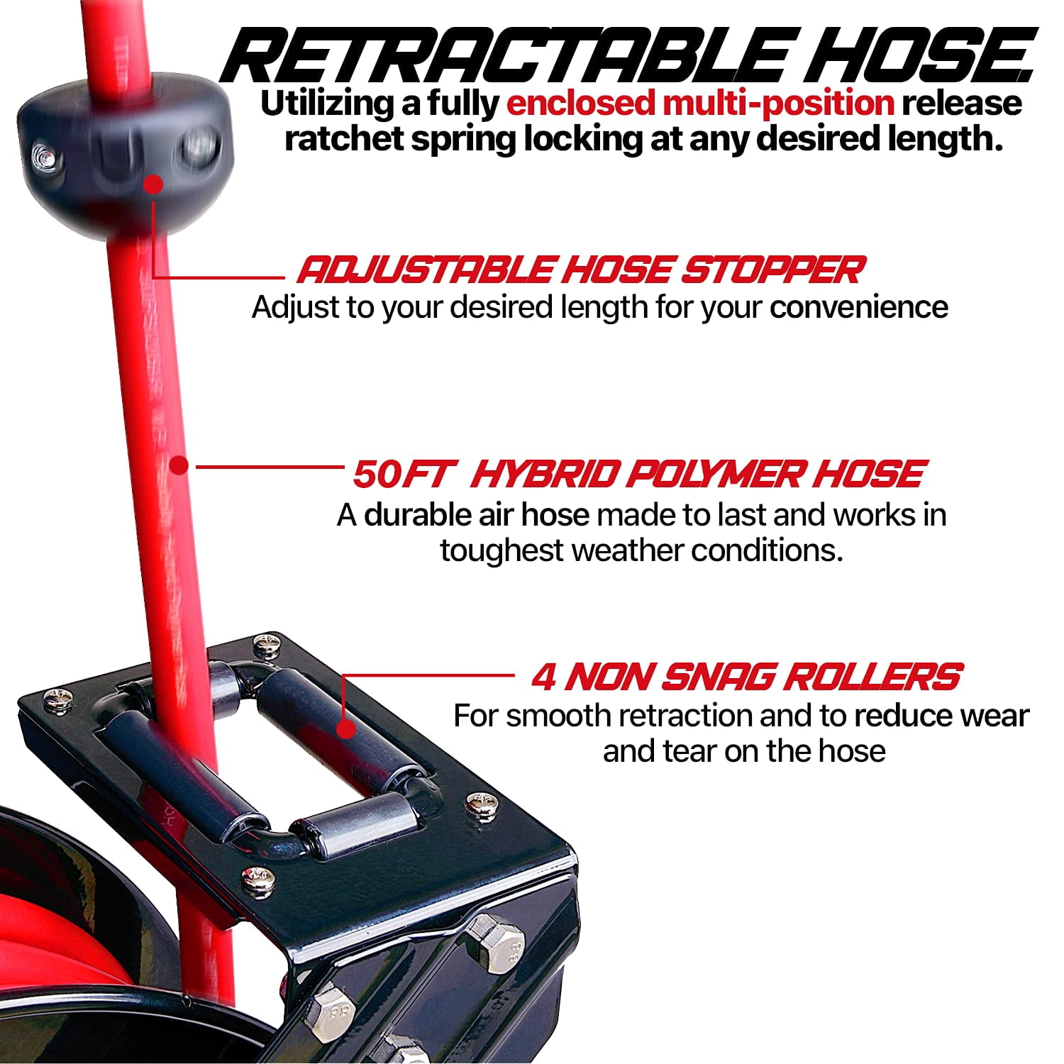 ReelWorks Industrial Retractable Air Hose Reel - 3/8" x  50'FT, 1/4" MNPT