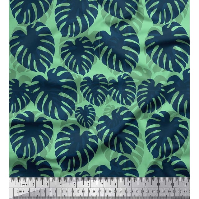 Soimoi Green polyester Crepe Fabric Monstera Leaves Print Sewing Fabric Yard 42 Inch Wide