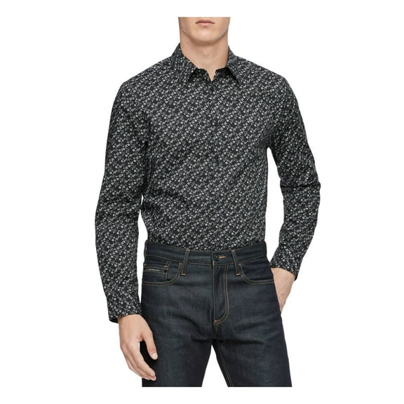 CALVIN KLEIN Mens Black Floral Long Sleeve Collared Slim Fit Button Down Cotton Shirt S