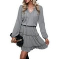 thumbnail image 4 of Liacowi Women Mini Dress Long Sleeve V Neck Lacing Pleated Dress for Casual Daily, 4 of 9