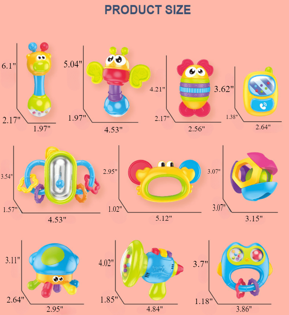 Ludolm 10Pcs Baby Rattles Toy Set, Baby Toys 0-6 Months Infant Toys 6-12 Months Teethers for Babies 3-6 Months Easter Basket Stuffers, Sensory Teething Toys 0 1 2 3 4 5 6 Month Newborn Boy Girl Gifts