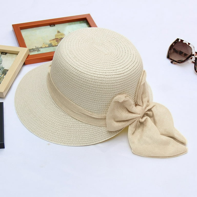 Clearance！Fdelink Summer Hats for Women Wide Bongrace Women Straw Beach Hat  Little Girl Sun Cap Foldable Ladies Hats Sun Hats (White) 