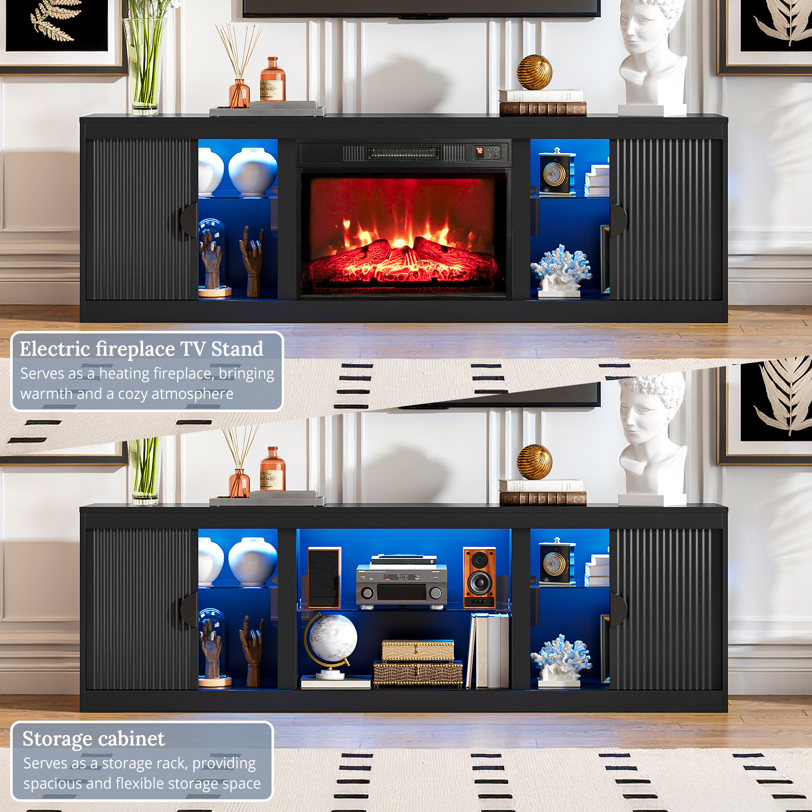 Holliwill 70" Fireplace TV Stand with LED Lights, Black photo 4