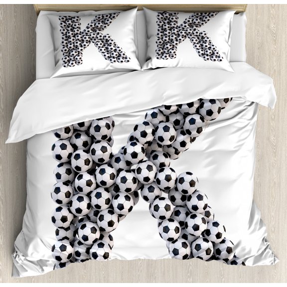 Letter K Duvet Cover Set King Size, Alphabet Design with Soccer Balls Composition with Sports Theme Outdoors, Decorative 3 Piece Bedding Set with 2 Pillow Shams, Black and White, by Ambesonne