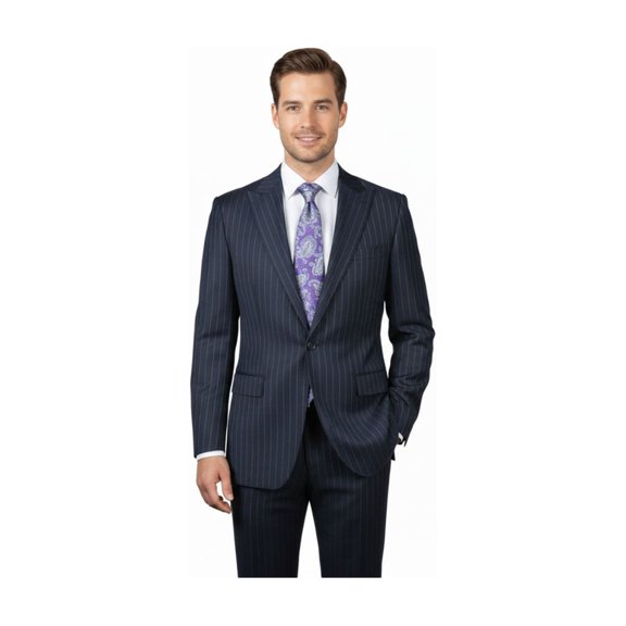Men Suit BERLUSCONI Italian Wool 180's Pin Stripe One Button Peak UGS95-01 Navy