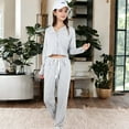 thumbnail image 4 of Women's Long Sleeve Button-Up Pajama Set with Piped Trim Details and Relaxed Fit - Small, Gray, 4 of 6