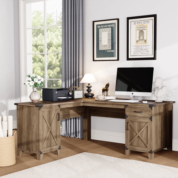 Meeyar 66" L Shaped Farmhouse Desk with Drawers & Storage Cabinets, Home Office Desk, Rustic Oak