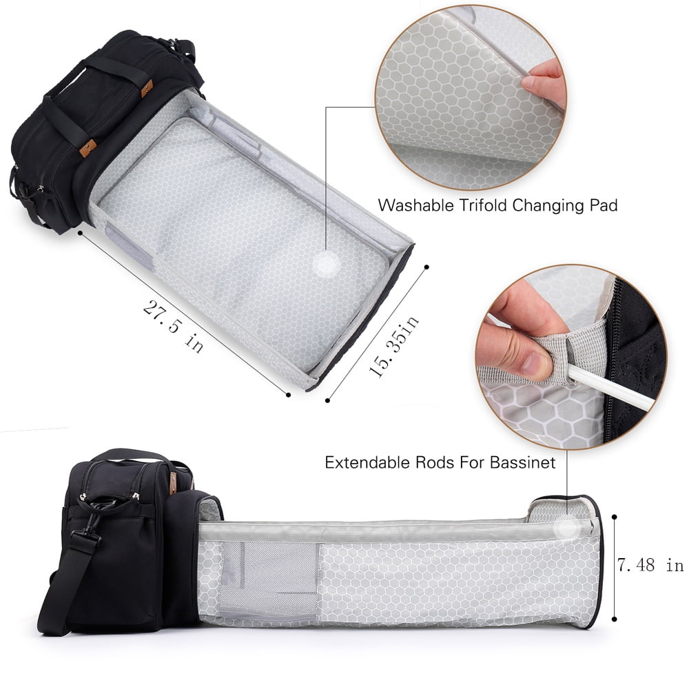 Diaper Bag Tote with Travel Bassinet, Foldable Baby Bed for Bady Toddler, High Capacity Nappy Bag Changing Station Black