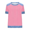 thumbnail image 5 of T-Shirt for Women Crewneck Short Sleeve Casual Sporty Style Striped Print Denim Patchwork Detail Soft Lightweight Summer Tops, 5 of 5