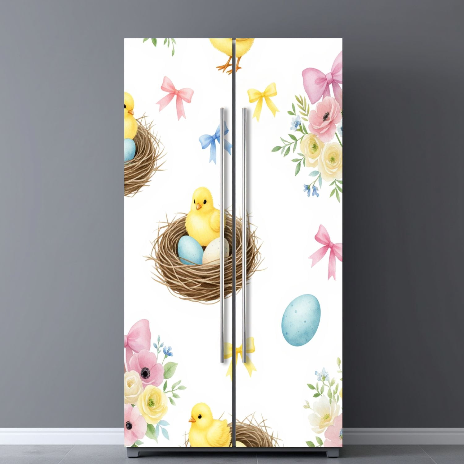 Self Adhesive Vinyl Refrigerator Wrap Set Spring Chickens Floral Nest Pink Ribbons Easter Eggs Door Mural Removable Fridge Sticker Peel and Stick&nbsp;Full Door Cover Decal Kitchen Bar Decor