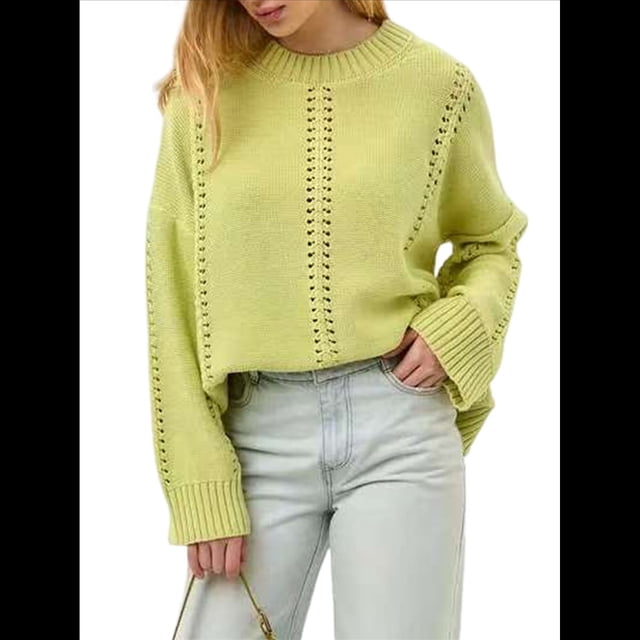 Suéteres de Punto Grueso para Mujer, Otoño 2025, Larga, Cuello Redondo, Jersey Holgado, Ropa de Moda de Invierno. Amarillo-Verde M