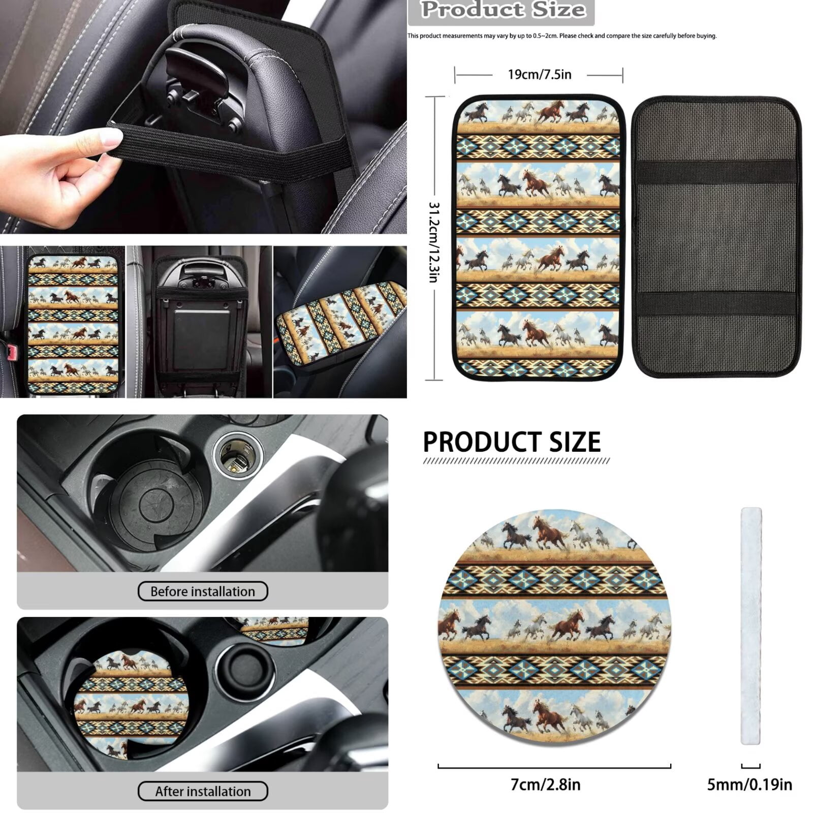 FKELYI American Tribal Horse Print 16 Pcs Car Seat Covers with Steering Wheel Cover Seatbelt Pads Headrest Protector Universal Fit Armrest Pad Handbrake Cover Gear Shift Cover Cup Coasters