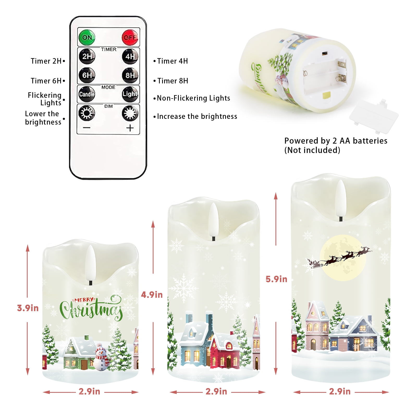 Christmas Flameless Candles, Set of 3 Flickering LED Candles with Remote & Timer, Dimmable Real Wax Electric Pillar Candles Battery Operated for Home Christmas Decor
