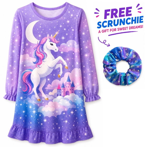 Rimyaw Girls Unicorn Nightgown, Soft Long Sleeve Pajama Dress with Hair Tie Gift, Fantasy Princess Sleepwear, Size 6