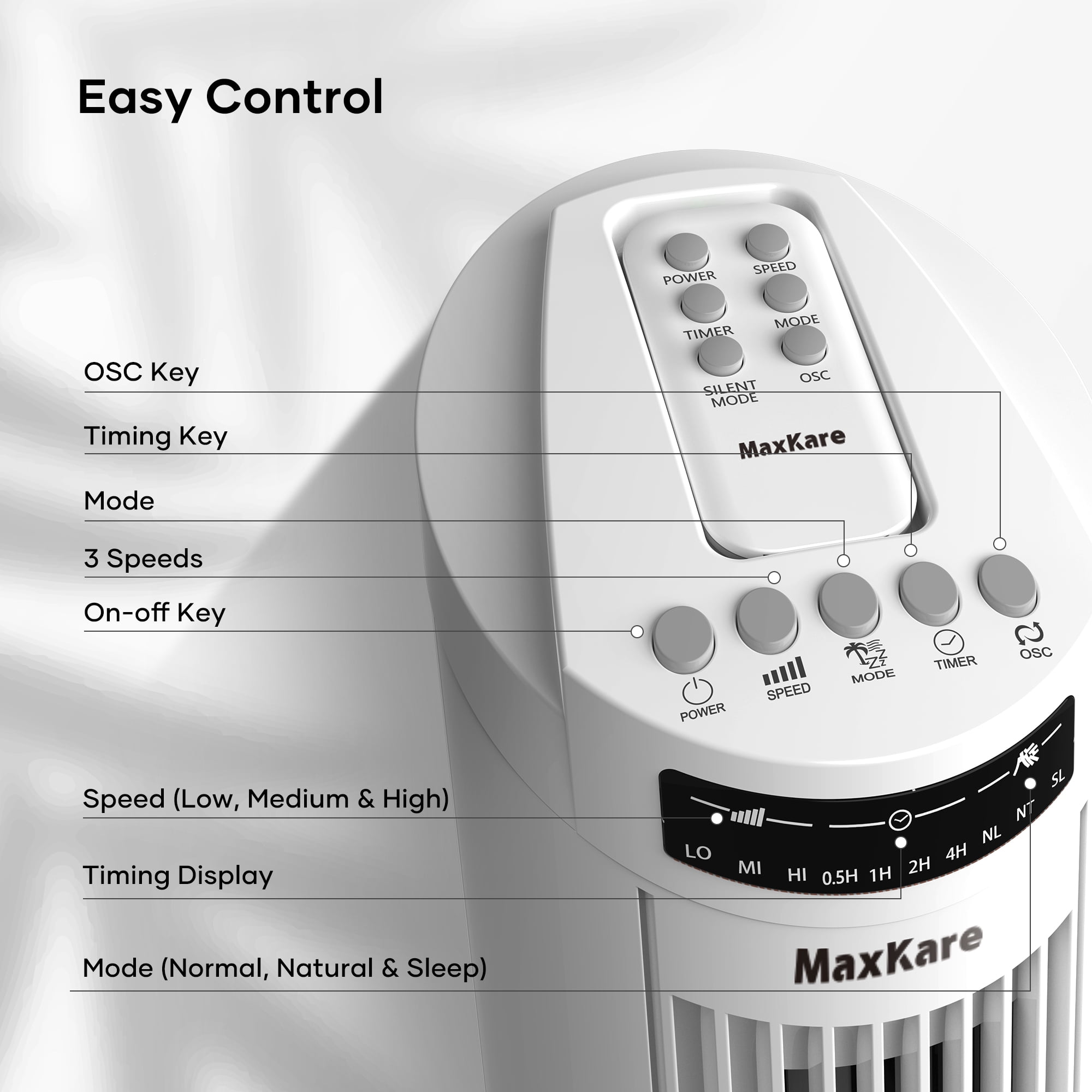 MaxKare 30" Tower Fan with Remote, 3 Speeds and Modes, Oscillating, Timer, White