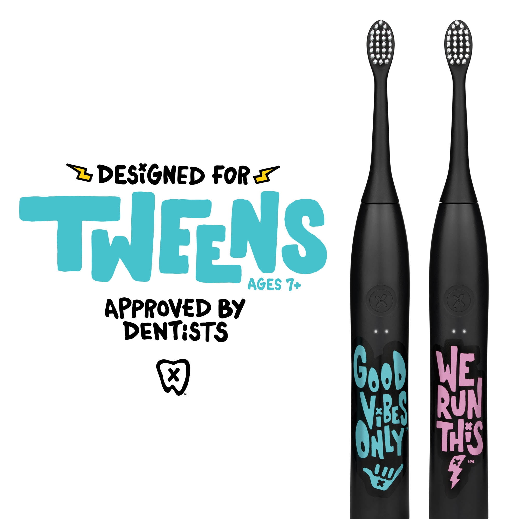 Made by Dentists Sonic X Electric Toothbrush for Tweens with 3 Brush Heads, Ages 8+ - Good Vibes Only