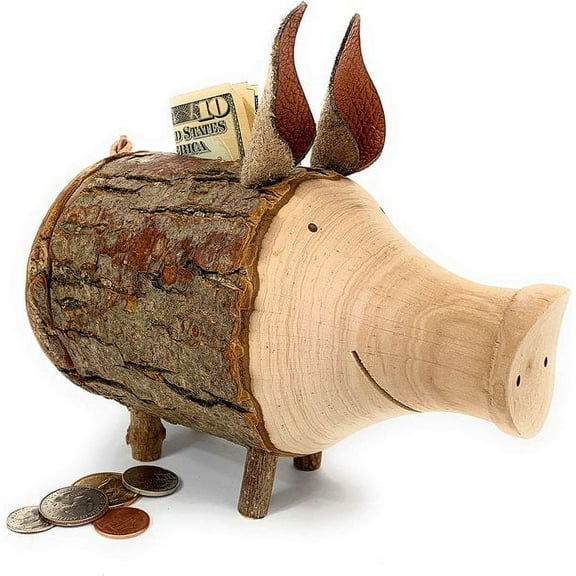Wood Piggy Bank - Pig Figurine Coin Holder for Girls & Boys - Wooden Saving Money Box