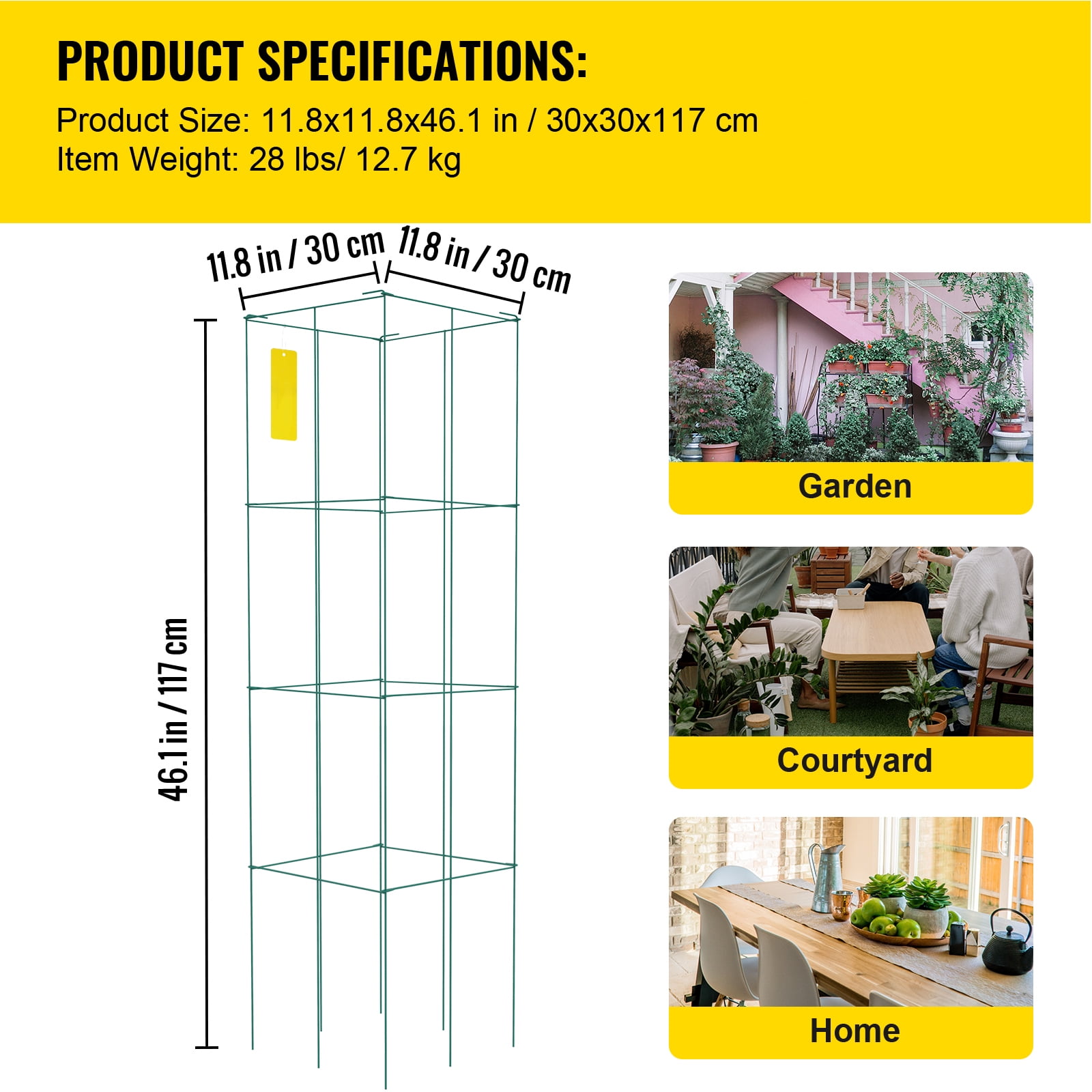 KFFKFF Tomato Cages, 11.8" x 11.8" x 46.1", 10 Packs Square Plant Support Cages, Silver PVC-coated Steel Tomato Towers for Climbing Vegetables, Plants, Flowers, Fruits