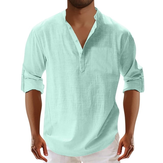 Blusa y camisa de manga larga con cuello alto para hombre, moda masculina, color liso, cuello vuelto, medio cárdigan, camisa informal con botones, blusa de algodón y poliéster para hombre