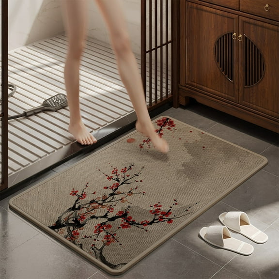PONPRNGY Cherry Blossoms Bathroom Rugs Bath Rugs for Shower Tub for Boys Girls Home Decor Bath Mats for Bathroom Ink Painting Down Bathroom Accossories