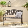 thumbnail image 6 of Spencer Cast Aluminum Outdoor Bench with Basket-Weave Seat & Scroll Arms - Antique Copper Finish, Weather-Resistant Patio Furniture for Garden or Porch, Low-Maintenance Two-Seater, 6 of 9