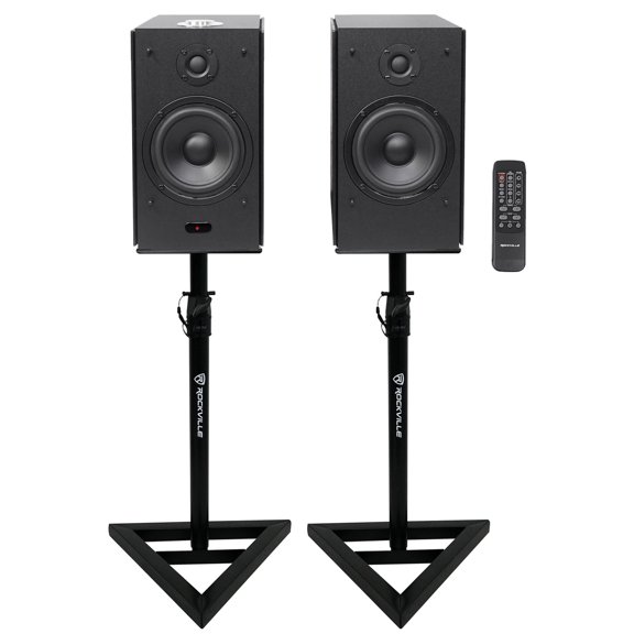 Rockville HD5B Bundle: 5 Inch Powered Bluetooth Bookshelf Speakers, RVSM1 Adjustable Stands, Home Audio Setup Kit, 2-items
