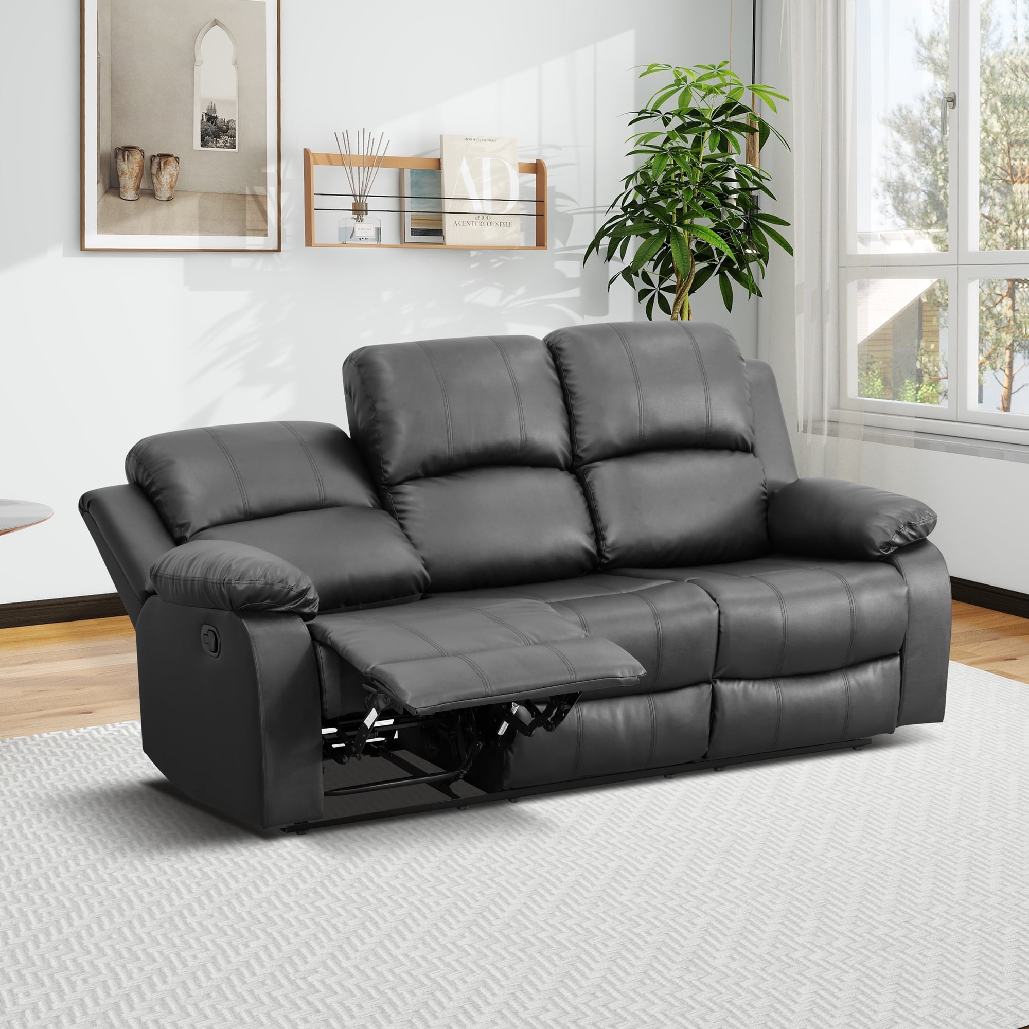 Gewnee Sofa Adjustable Multifunctional Recliner Solid Wood Frame Air Leather Upholstery Living Room Black