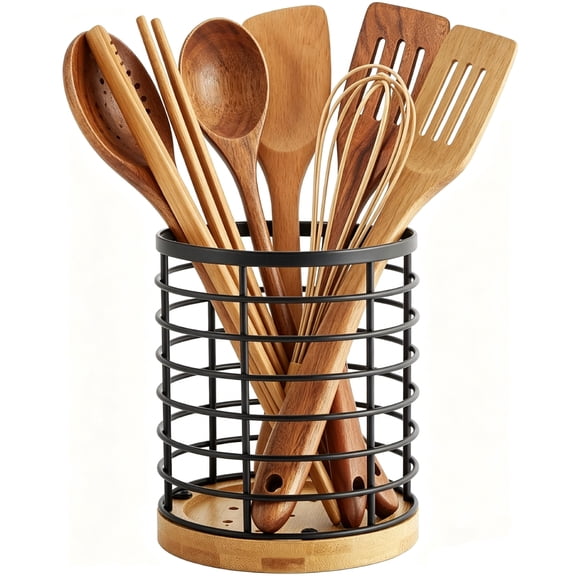 Round Utensil Holder for Kitchen Counter, Cooking Utensil Crocks Morden Utensil Organizer Black Wire with Wooden Base Countertop Utensil Holder, Matte Black Cookware Organizer Box, 5.2"x5.2"x6"