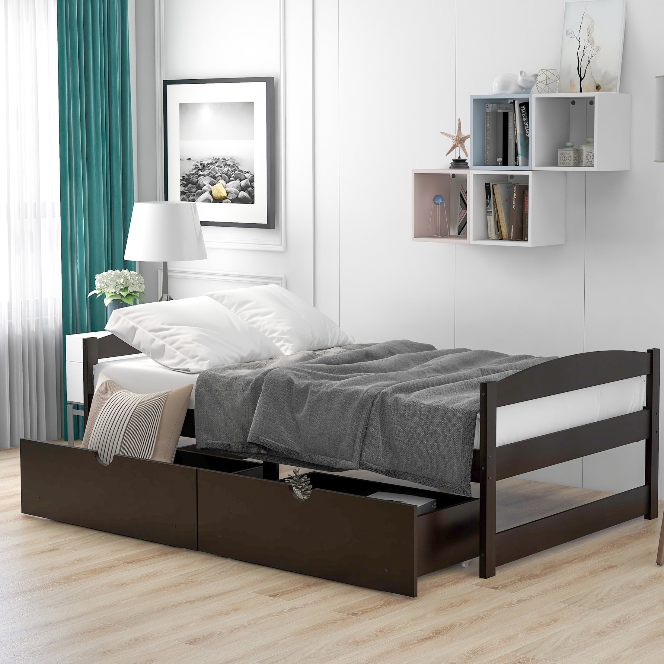 Noble House Arlyn Twin Size Pine Wood Platform Bed with Two Storage Drawers, Minimalist Bed Frame, Espresso