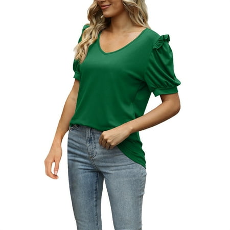 

Solid Color V Neck Bubble Sleeve Loose T Shirt Ladies Bottoming Top Ladies plus Size Scrub Tops Tunics for Women