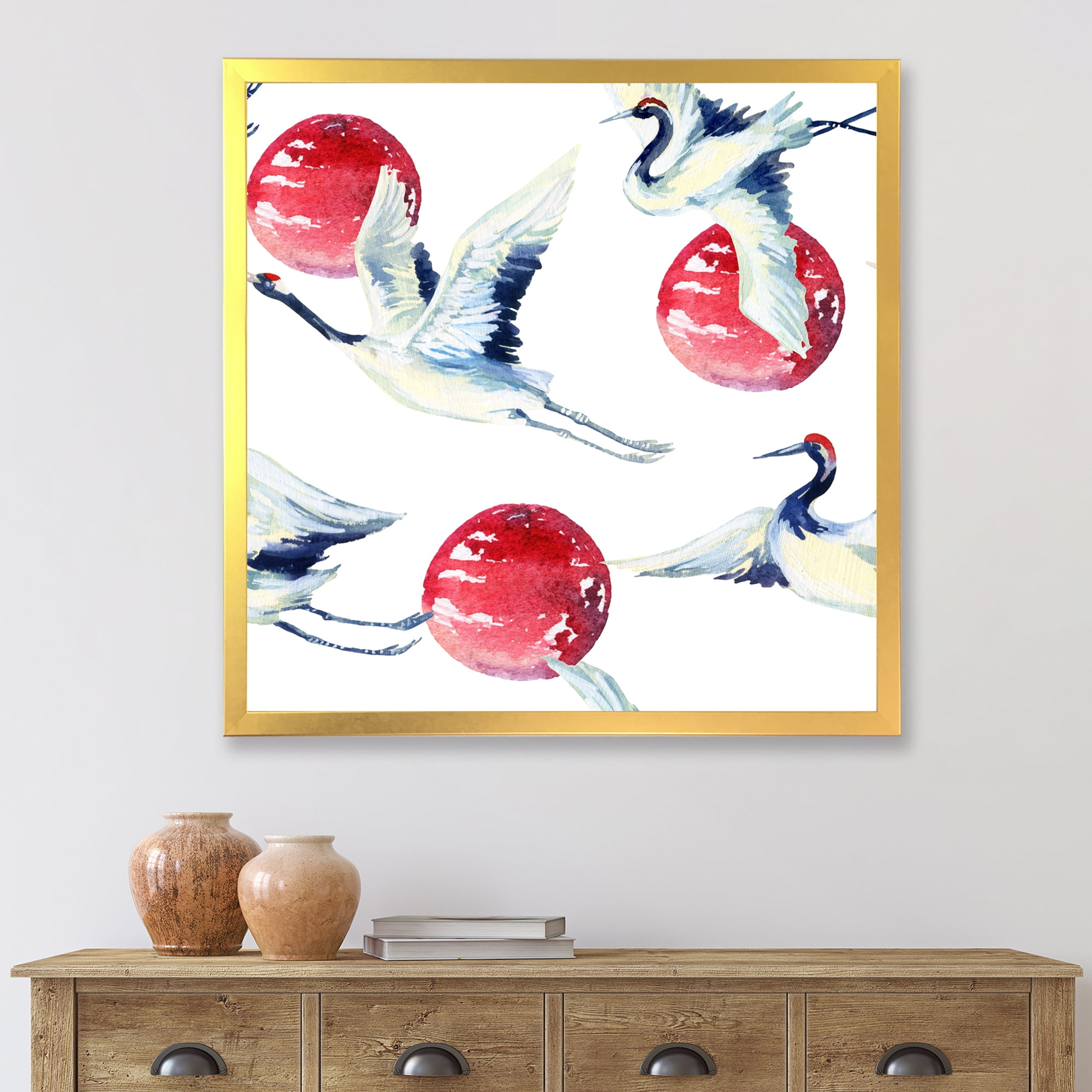 Designart 'Red Full Moon With Asian Crane Bird' Traditional Framed Art Print