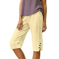 thumbnail image 2 of Bermuda Shorts for Women Linen Shorts Knee Length Casual Summer Capri Pants Pull On Long Shorts Beige M 13" Inseam, 2 of 6