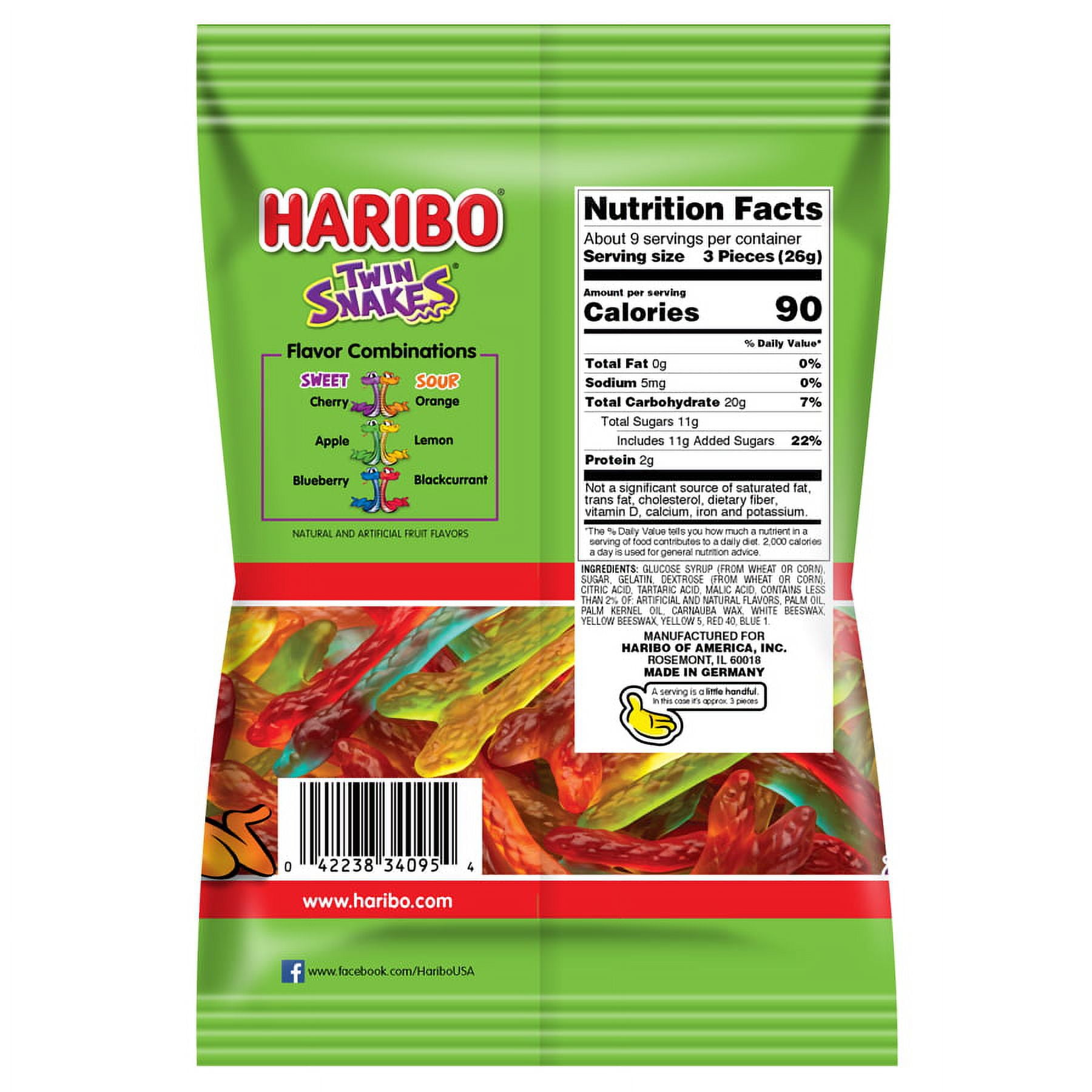 HARIBO Twin Snakes Gummies Original Sweet and Sour Assorted Fruit Flavor Gummy Candy, 8 oz, Share Size Bag