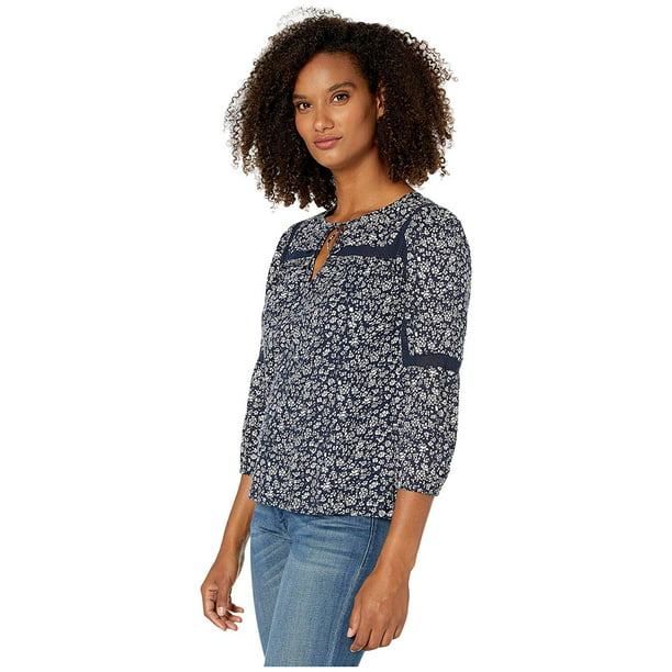 Lucky Brand - Lucky Brand 3/4 Sleeve Floral Printed Peasant Top Navy ...