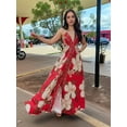 thumbnail image 2 of Women Boho Halter Maxi Dress Floral V Neck Sleeveless Loose Fit Backless Irregular Hem Long Holiday Vacation Dress Big Red Flowers L, 2 of 5