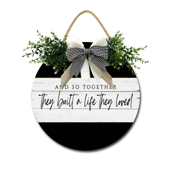 And So Together They Built A Life They Loved Sign Farmhouse Wood Sign Front Porch Decor Rustic Wooden Sign Wall Decor Hanging Wooden Decorations with Bow-Knot for Home Porch Wall Door, 11 x 11 inch