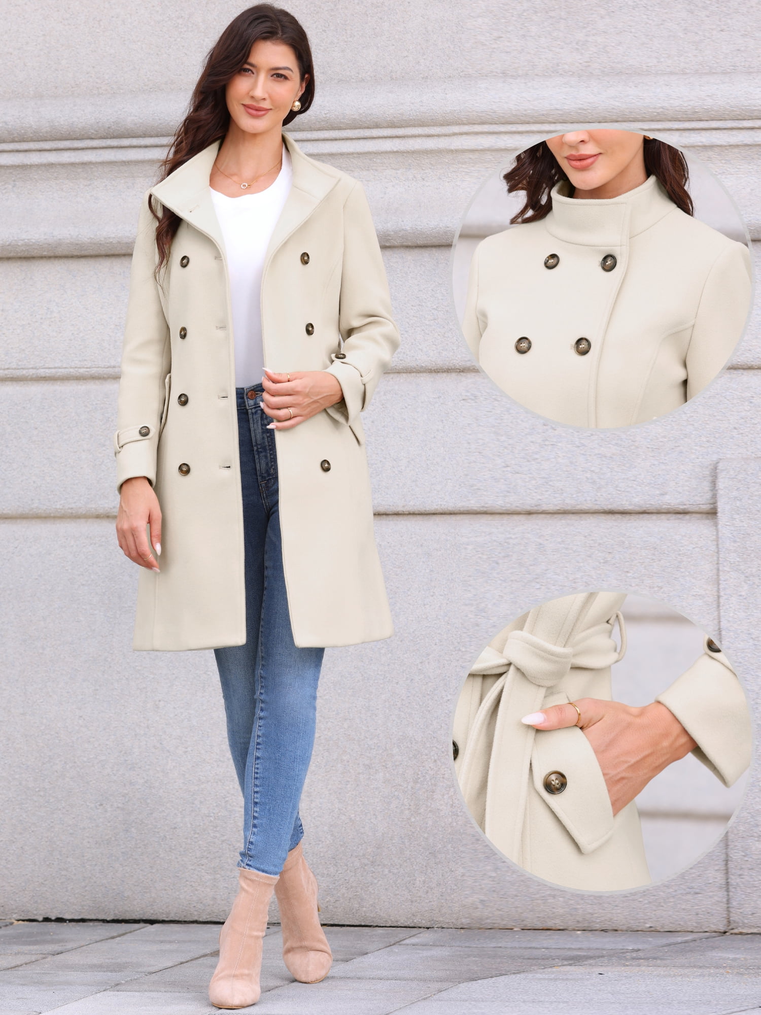 DARING DIVA Women's Double Breasted Trench Long Winter Pea Coat with Belt XS White