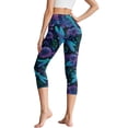 thumbnail image 2 of SCRAWLGOD Dragonfly Floral Blue Violet Women's Capri Yoga Pants with Pockets High Waisted Legging, Casual Breathable Yoga Pants with Tummy Control for Workout Running Gym, S, 2 of 7