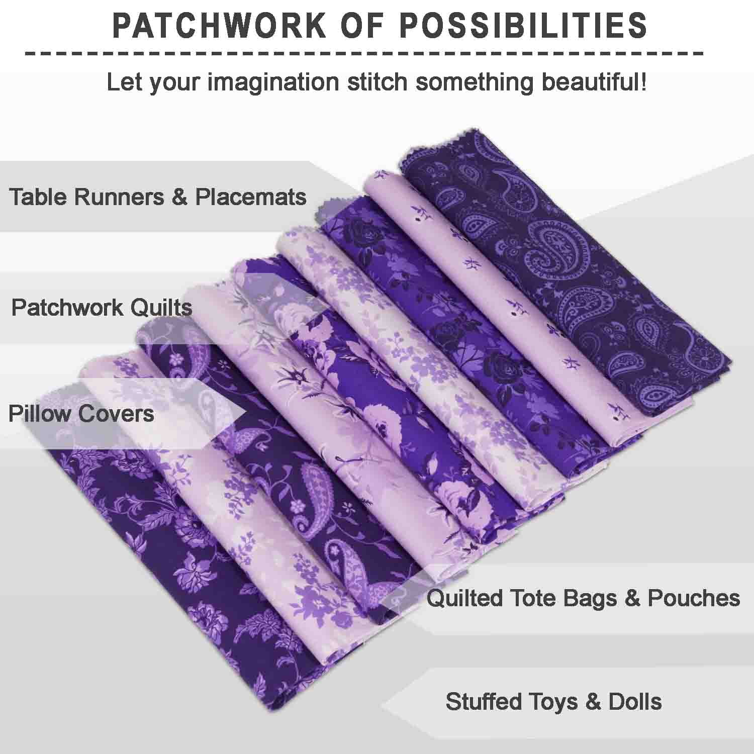 9Pcs Fat Quarter Bundle 100% Cotton Fabric for Quilting Patchwork Cushions Cotton Fabric for Patchwork, DIY Making Supplies Sewing Project, 18" x 22" - Purple Paisley Blooms