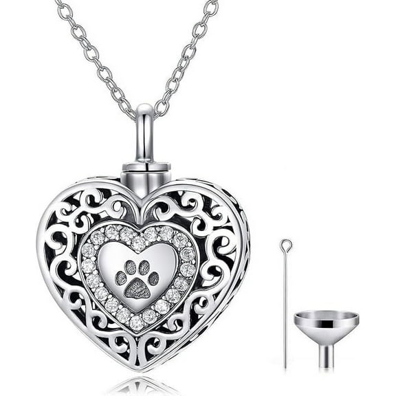 SOULMEET 925 Sterling Silver Heart Urn Necklaces Engraved Pawprint Forever in My Heart Cremation Keepsake Necklace for Ashes Pet Ashes Jewelry Gift for Women