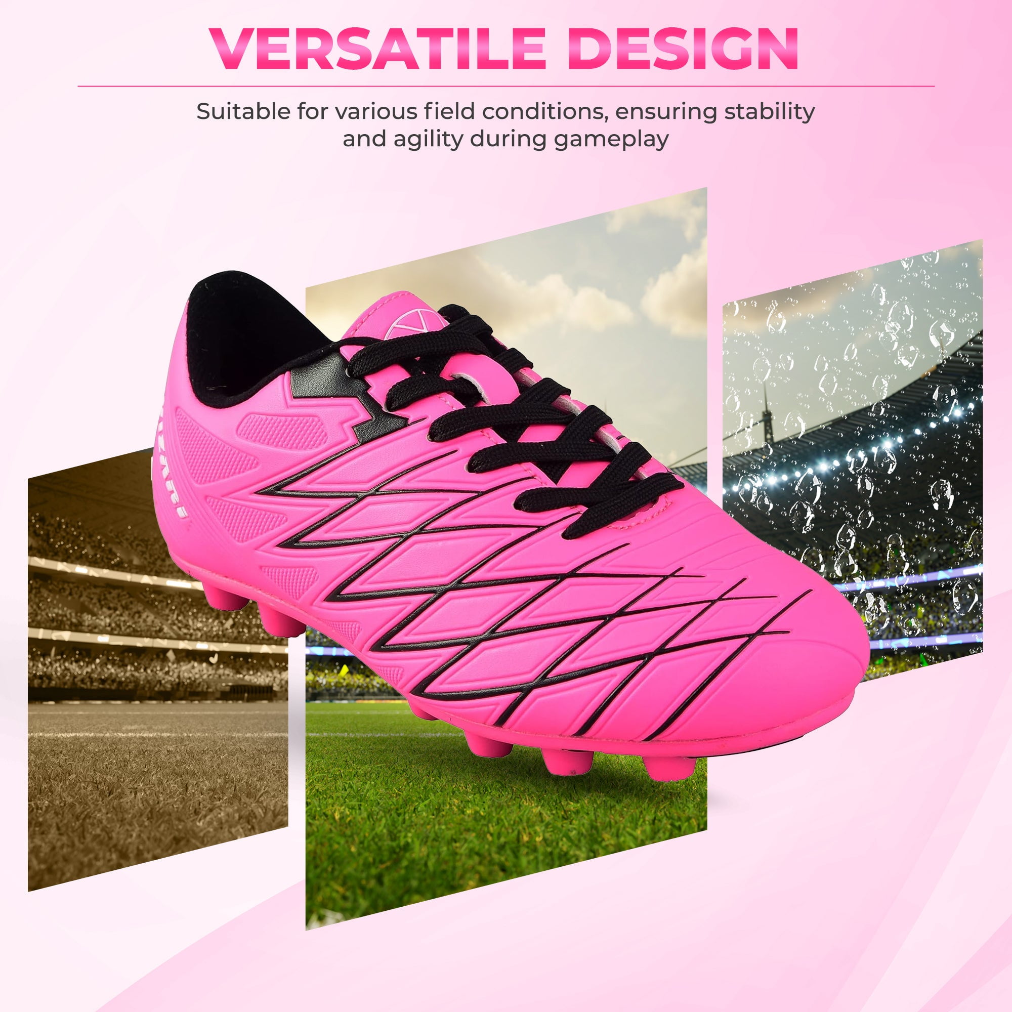 Vizari Boca Firm Ground Soccer Cleats for Kids & Youth – Lightweight, Durable, Comfortable Shoes with Traction & Padded Heel - Pink/Black, 3.5