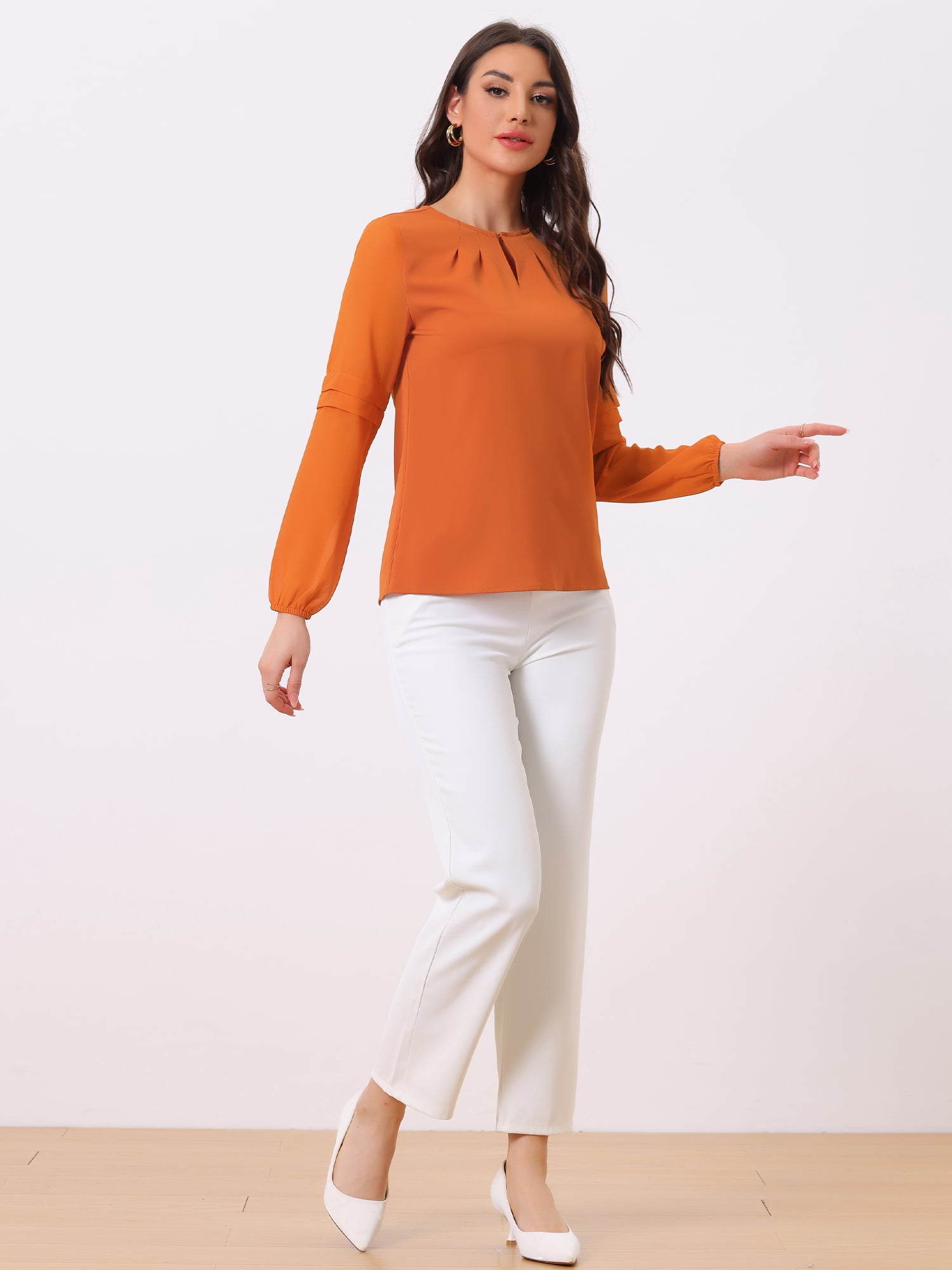 DARING DIVA Chiffon Semi Sheer Long Sleeves Keyhole Neck Blouse S Dark Orange
