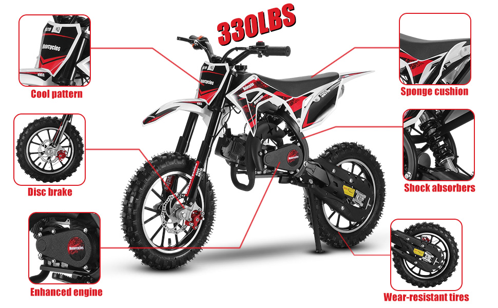 Mohsoe Enhanced 49CC 2-Stroke Dirt Bike, 25MPH Motor, Larger Fuel Tank & Upgraded Frame for Better Stability