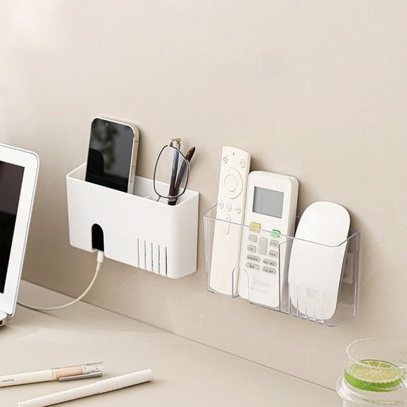 Soporte para mandos a distancia transparente montado en la pared con estación de carga - Caja de almacenamiento para espacio para organización de mesillas, cocina y baño