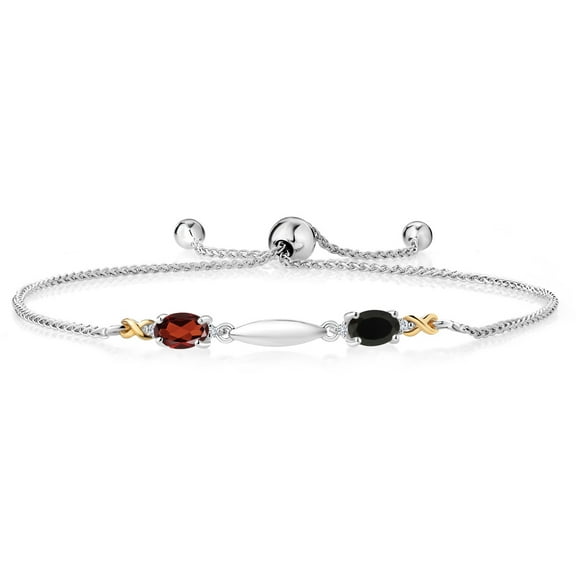 Gem Stone King 1.01 Ct Oval Red Garnet Black Onyx 925 Silver and 10K Yellow Gold Lab Grown Diamond Bracelet for Women