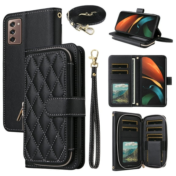 Dswteny Argyle Wallet Case for Samsung Galaxy Xcover 7 with Wrist Strap Shoulder Strap, Zipper Purse PU Leather Flip Credit Card Holder Stand Accessories Cell Phone Cover for Xcover7 Girls Black