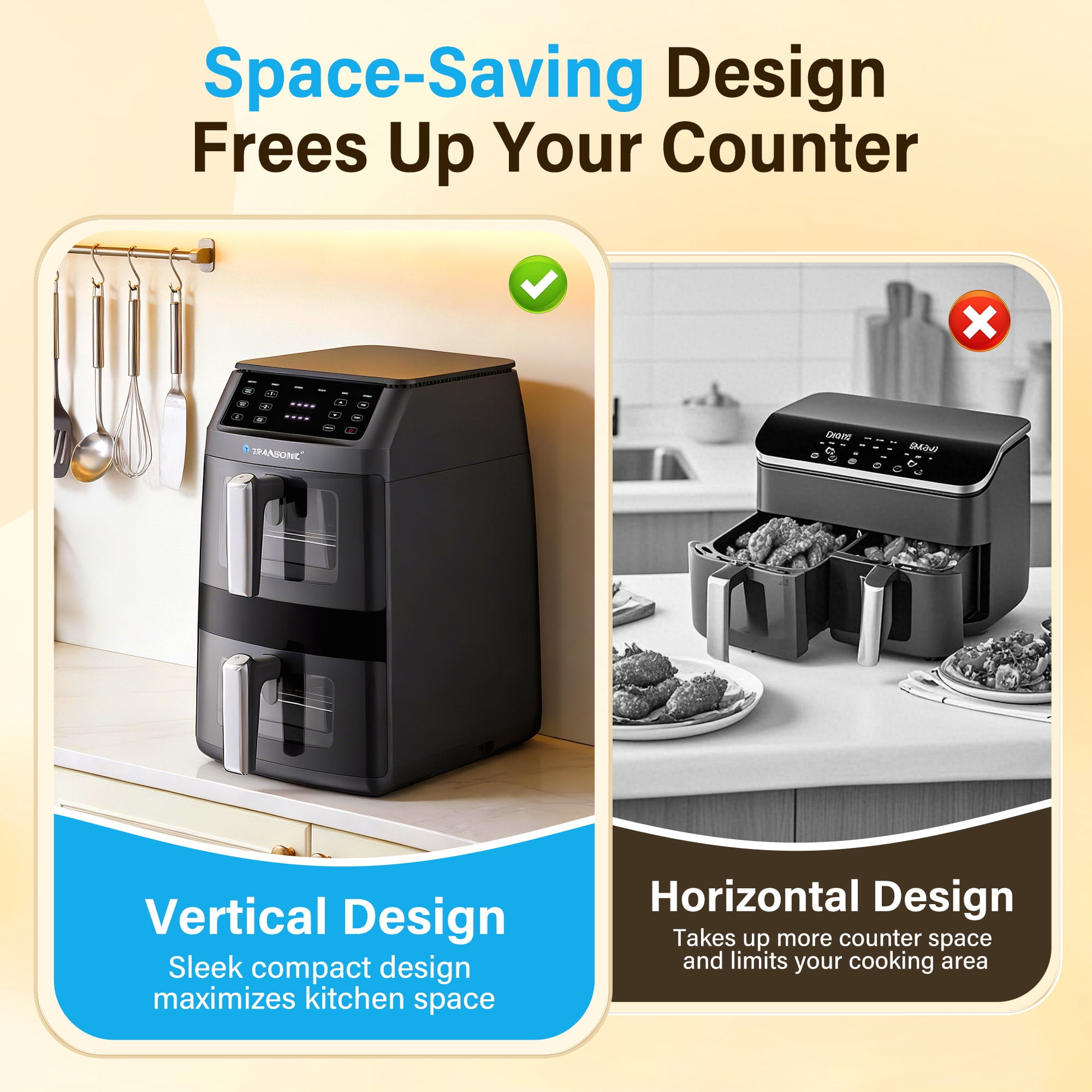 Transonic 11QT Air Fryer Dual Vertical Basket Design (Deep Top & Long Bottom) for Whole Chicken & Ribs, 430°F High-Heat Broil, 360° Rapid Circulation, 6 in 1 Preset Function, Family Meals, BPA Free