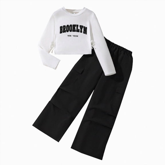 Wonitaaizi Girls Clothes 2 Piece Outfit Ribbed T-Shirt Top Cargo Pants, Girls Fall Clothing Set(9-10 Years,Black)