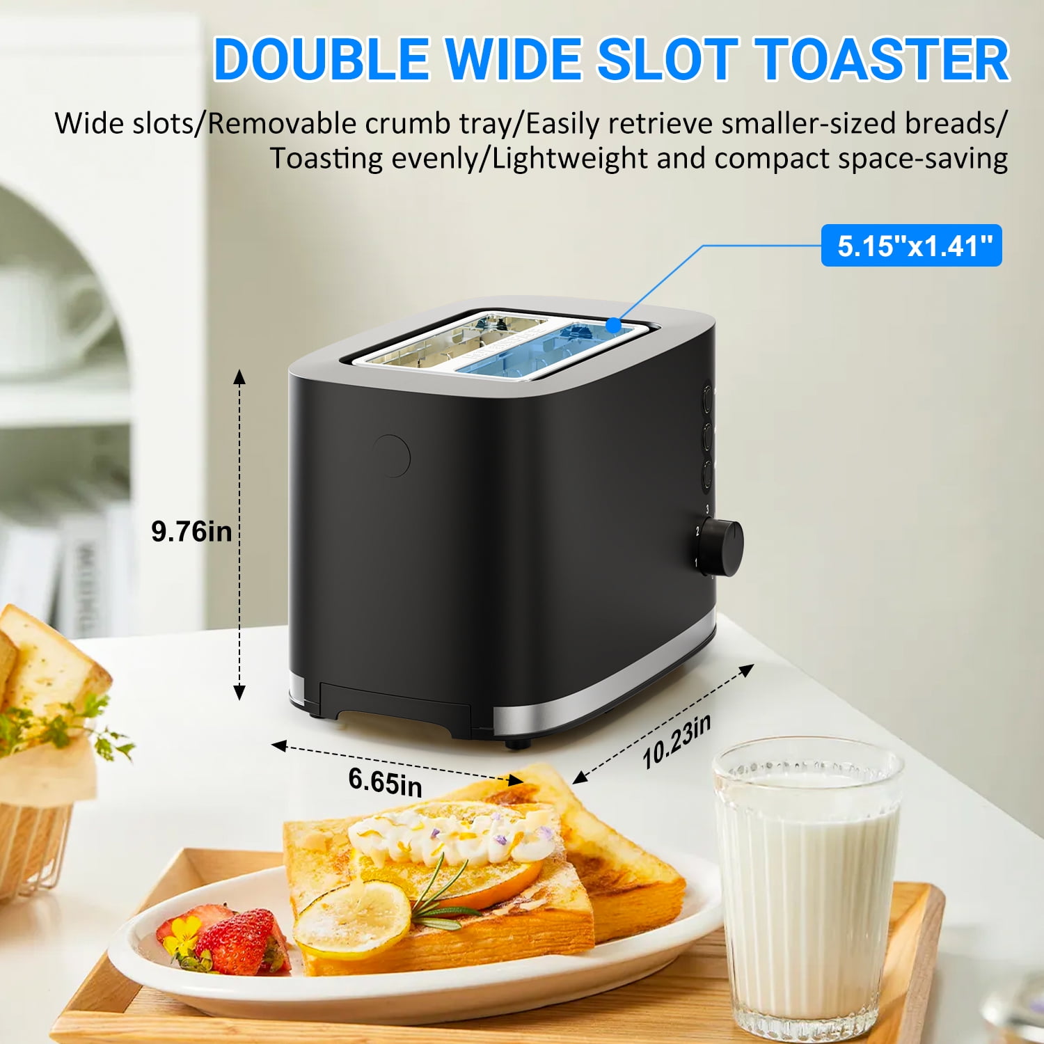 TINANA Wide Slot 2 Slice Toaster: Bread Toaster with Removable Crumb Tray, Small Toaster, 6 Bread Shade Settings, Auto-Shutoff, Toast Boost, Cord Storage Under Base, Black, 900W